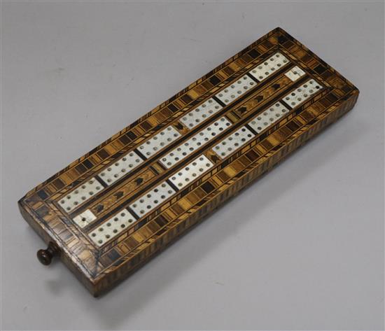 A Tunbridge Ware and bone cribbage board, W 30cm